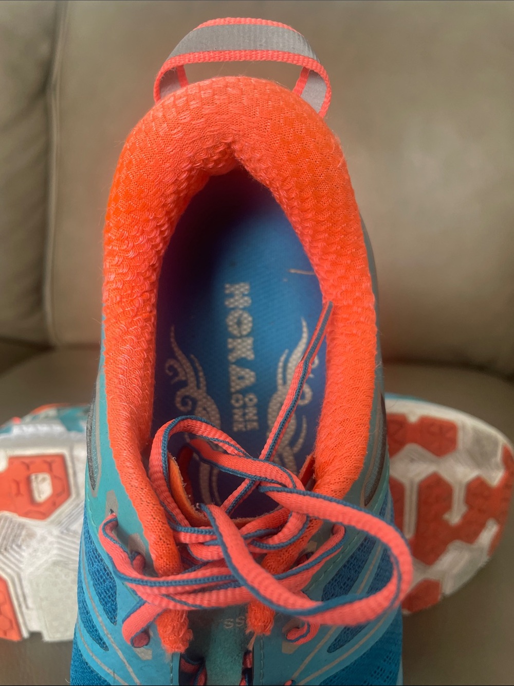 Hoka One One Women's Teal and Orange Cushioned Running Shoes - Picture 7 of 7